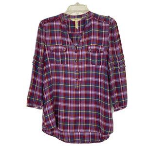 Matilda Jane Plaid Tunic Women Small Purple Ruffle Sleeve Rayon Popover Blouse